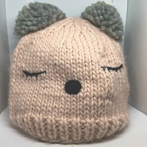 Double Pom knit beanie w/ crocheted eyelashes and nose
